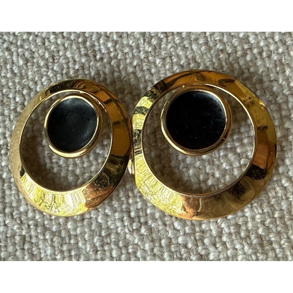 Vintage Signed Napier Gold Tone Smooth Hoop Earrings Black Cabochon Pierced
